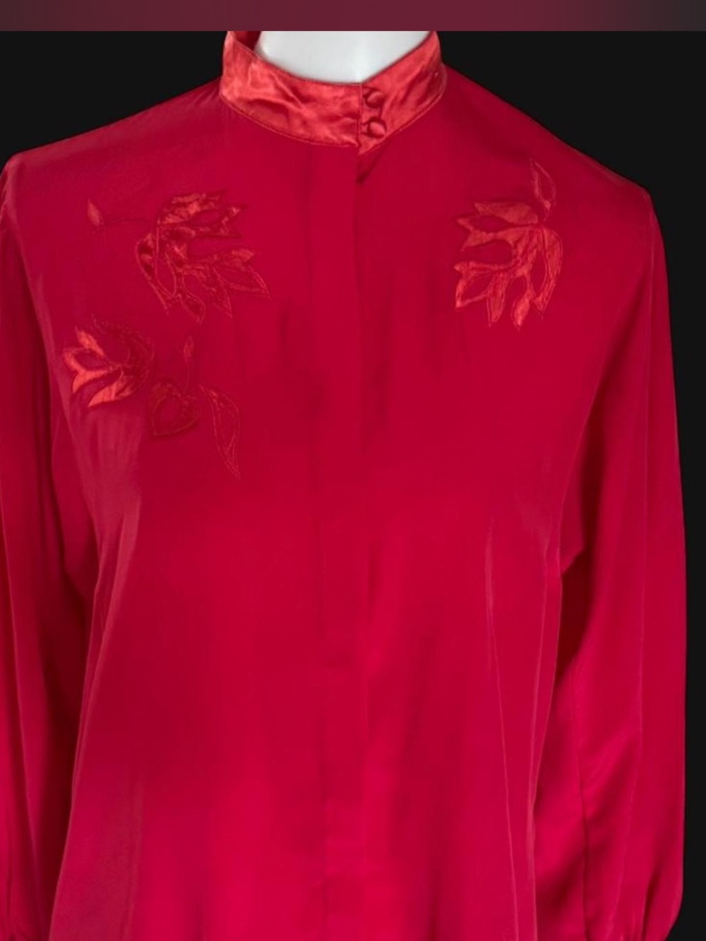 Vintage Red Satin-Like Mandarin Collar Blouse by Shapely